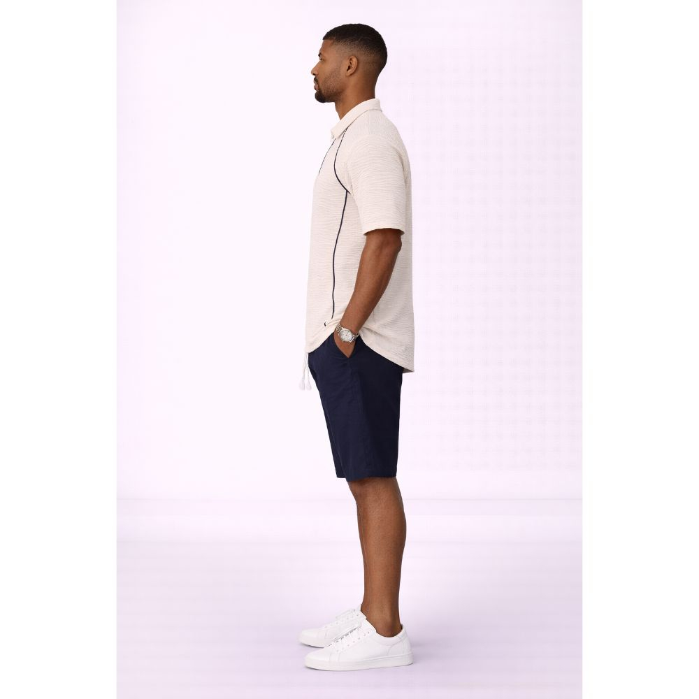 Mens Premium Polo Shirt & Drawstring Shorts Set (Cream & Navy Blue)